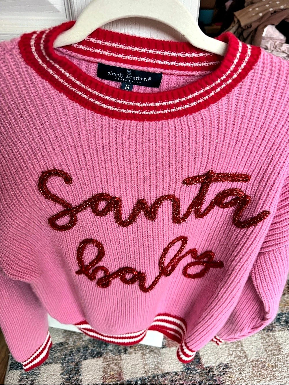 Simply Southern Santa Baby Sweater Pink & Red Medium - Picture 5 of 10